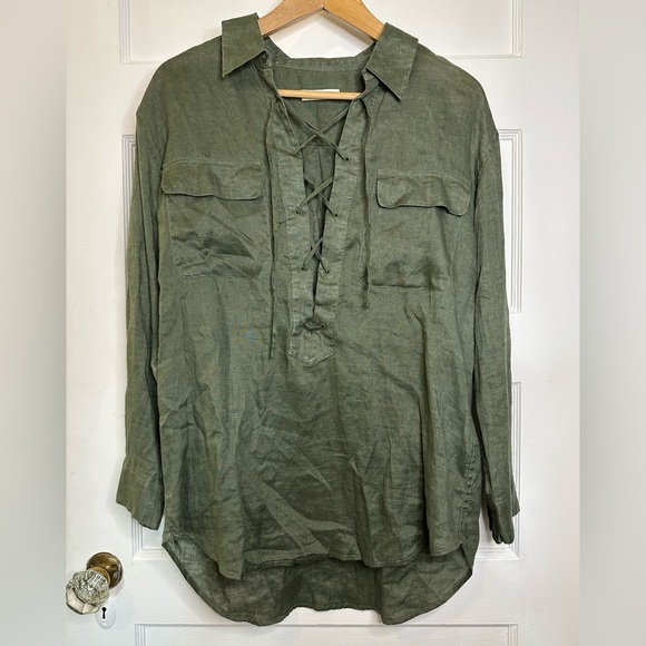 Equipment Knox Lace Up Linen Shirt in Forest Green - Picture 4 of 11